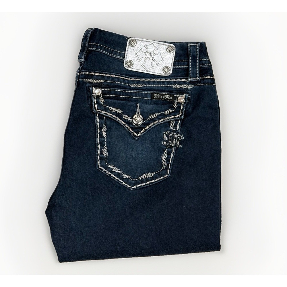 Miss Me Mid-Rise Easy Straight Jeans Women's 32 Flap Pocket Stretch Bling Denim